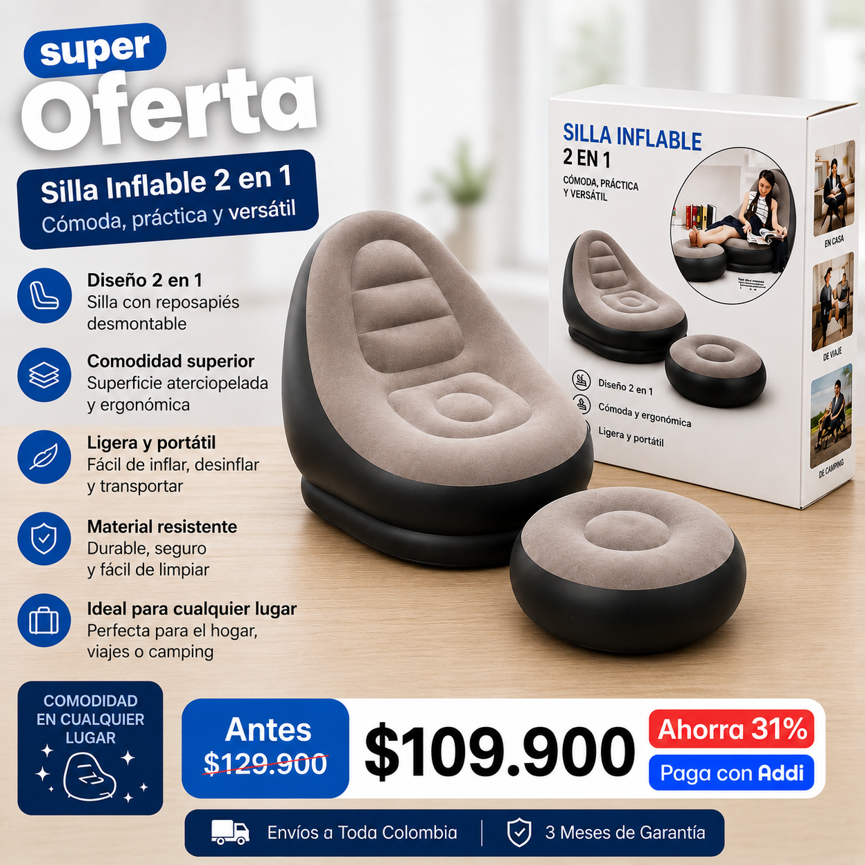 Silla inflable con reposapies