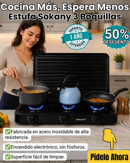 Estufa de Gas Sokany de 3 Boquillas