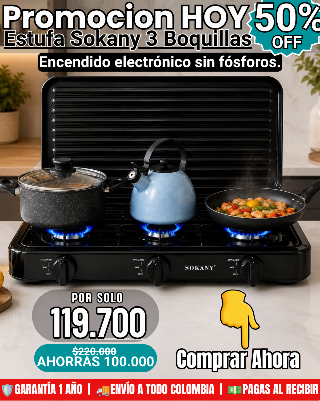 Estufa de Gas Sokany de 3 Boquillas