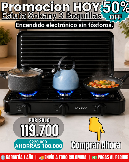 Estufa de Gas Sokany de 3 Boquillas