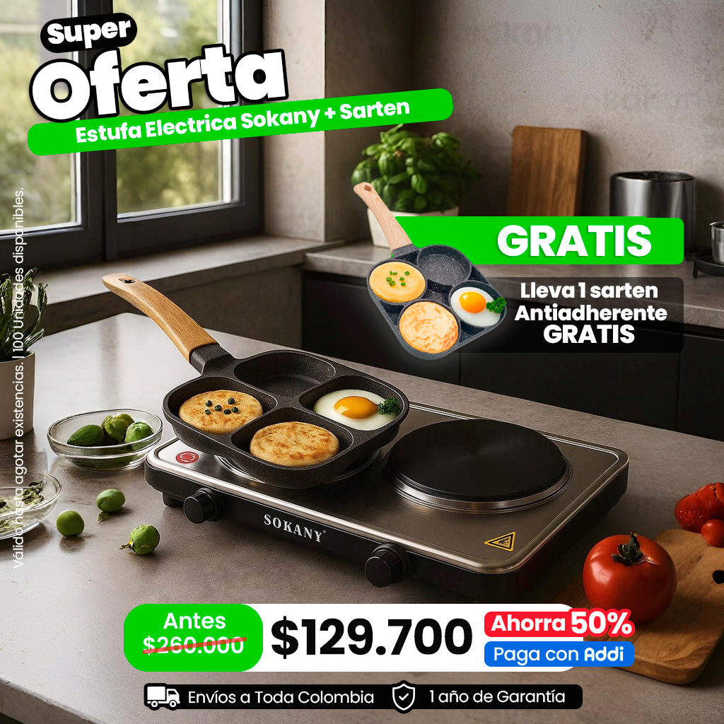 Estufa Eléctrica Portátil de 2 Puestos 2000W con Sartén Antiadherente 4 en 1 Gratis