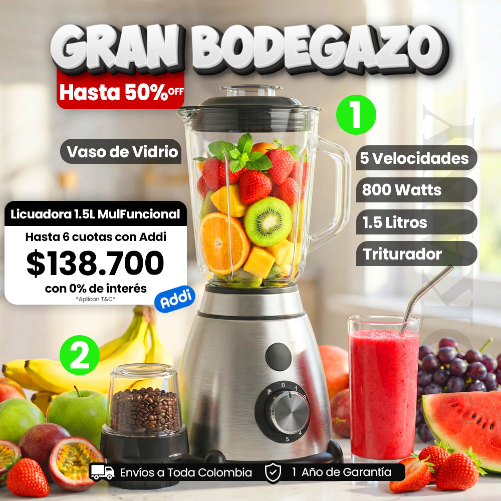 Licuadora Eléctrica Multipropósito 1.5 Litros 800W Vaso de Vidrio + Triturador Sokany